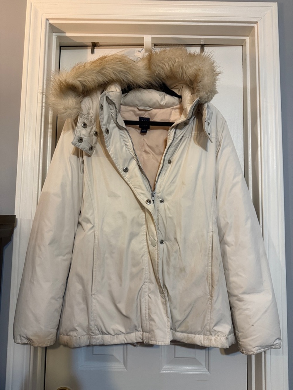Women's Cream Hooded Winter Parka with Faux Fur Trim